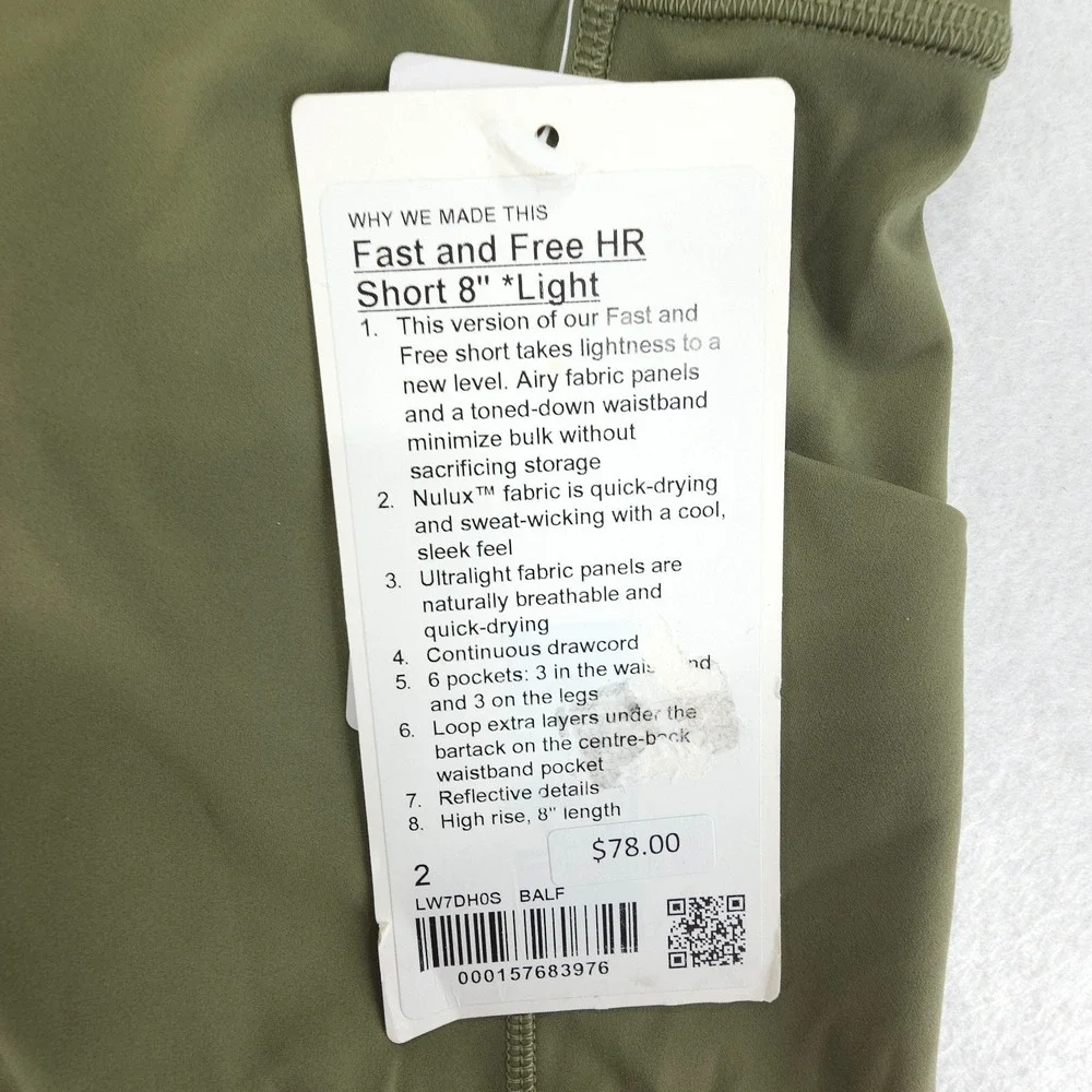 Lululemon Shorts Womens 2 Bay Leaf Fast and Free HR 8 Inch Light NWT Running